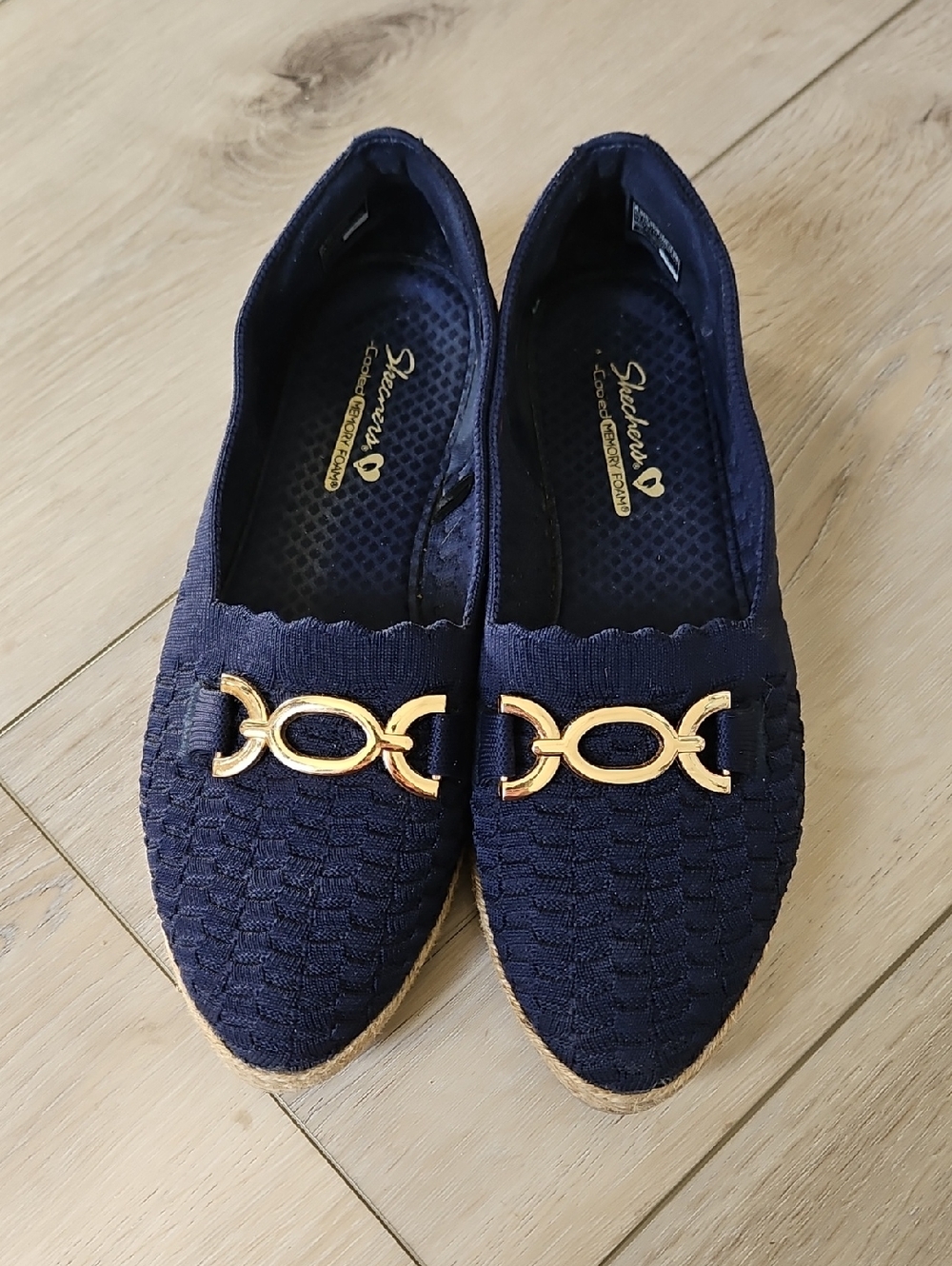 Skechers Women's Navy Slip-On Loafers with Gold Chain Accent